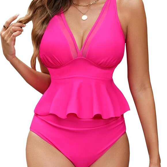Women's Hot Pink High Waist Tankini Two Piece Swimsuit 2025 - Picture 1 of 5